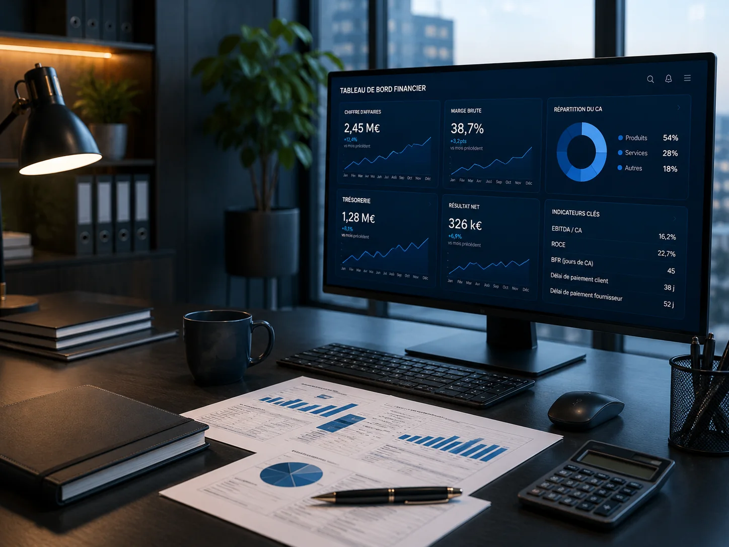 Tableau de bord financier en environnement professionnel